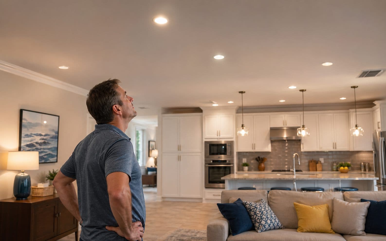 Homeowner noticing dimming recessed lights in a kitchen and living area